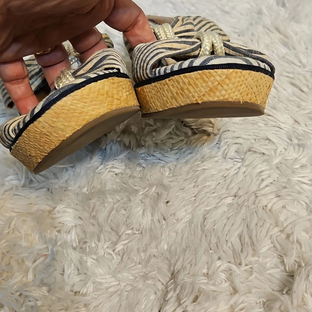 Sperry Top-Sider Espadrille Wedge Sandals Blue Striped Bow Accents Nautical‎